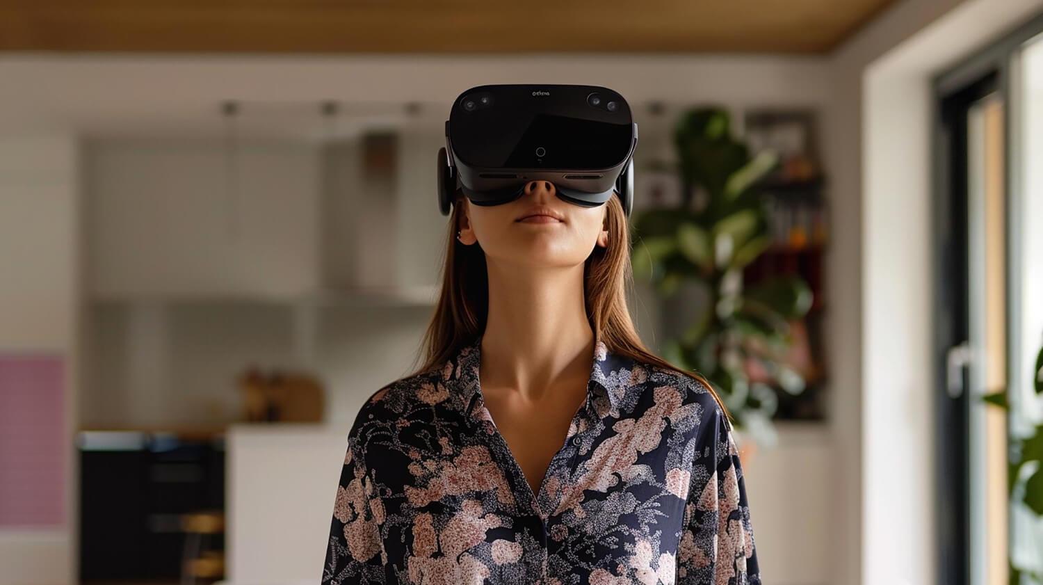 a woman wearing a virtual reality headset