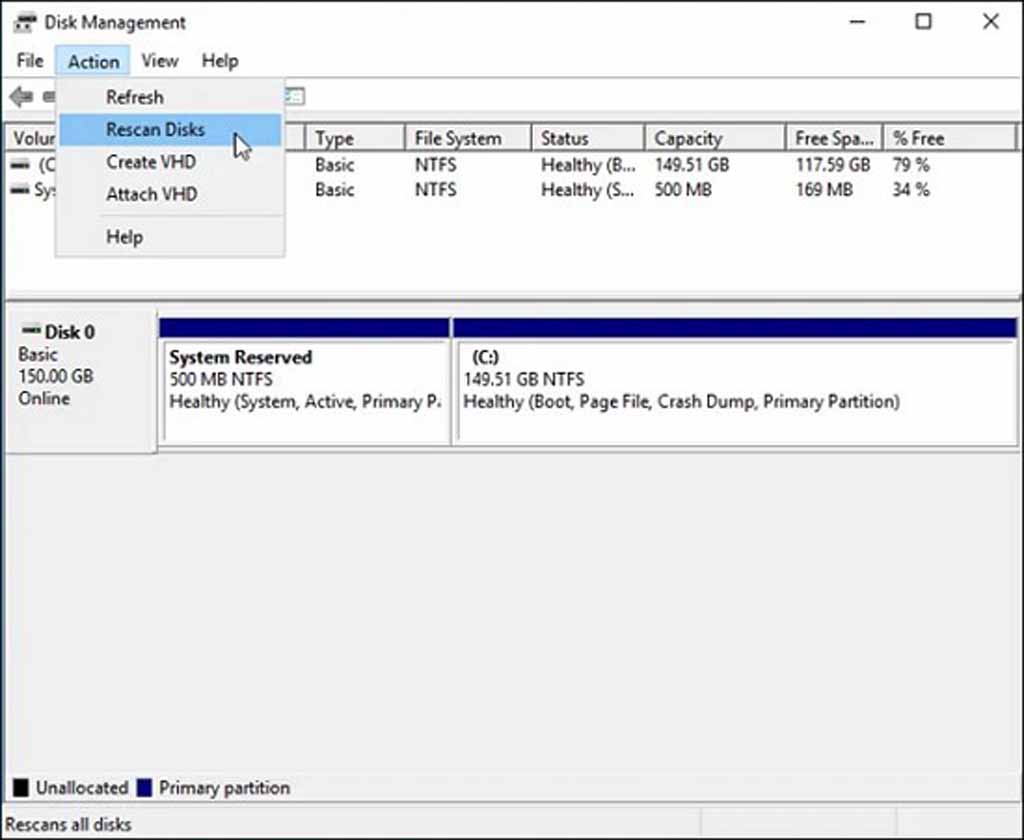 Rescan Disk Using Disk Management